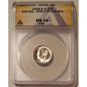 1946 S/S Roosevelt Dime Ddr & Rpm FS-502/802 MS66 FB ANACS